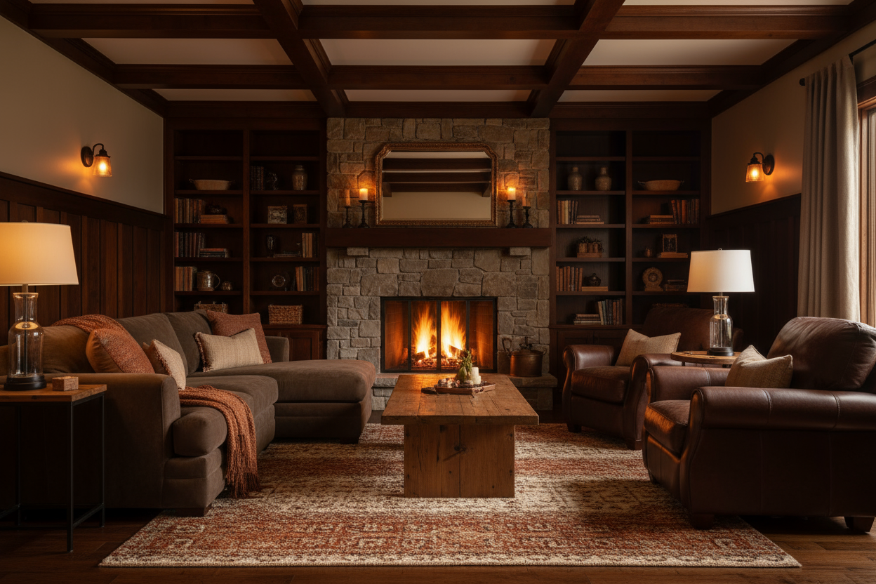cozy livng room in dakr brown with fireplace